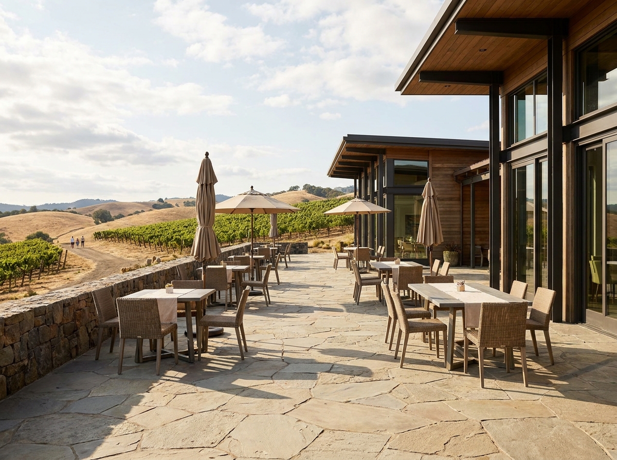 An empty winery patio in the Santa Rosa area, prepared for an event.