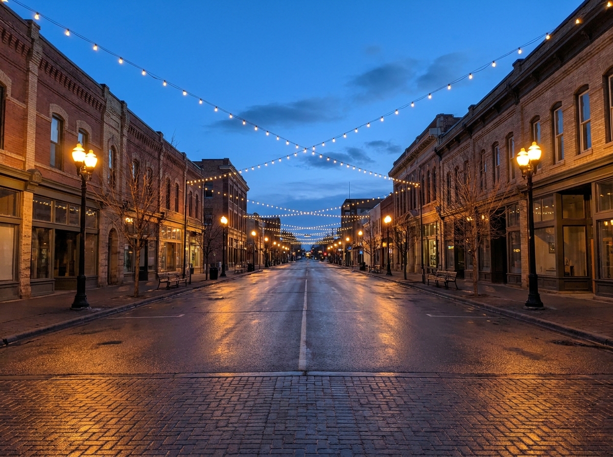 An empty street in Saskatoon's Broadway theatre district, ready for an evening event.
