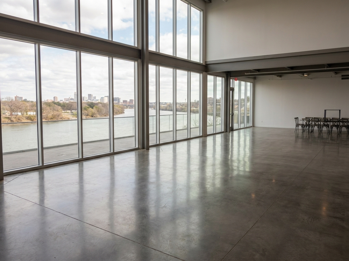 An empty, modern event space in Saskatoon with large windows overlooking the river.