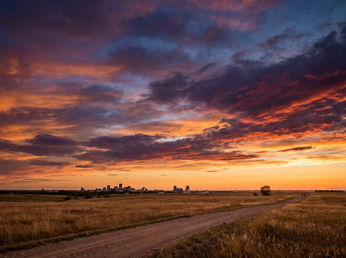 The Saskatoon city skyline viewed from the surrounding prairie at sunset.