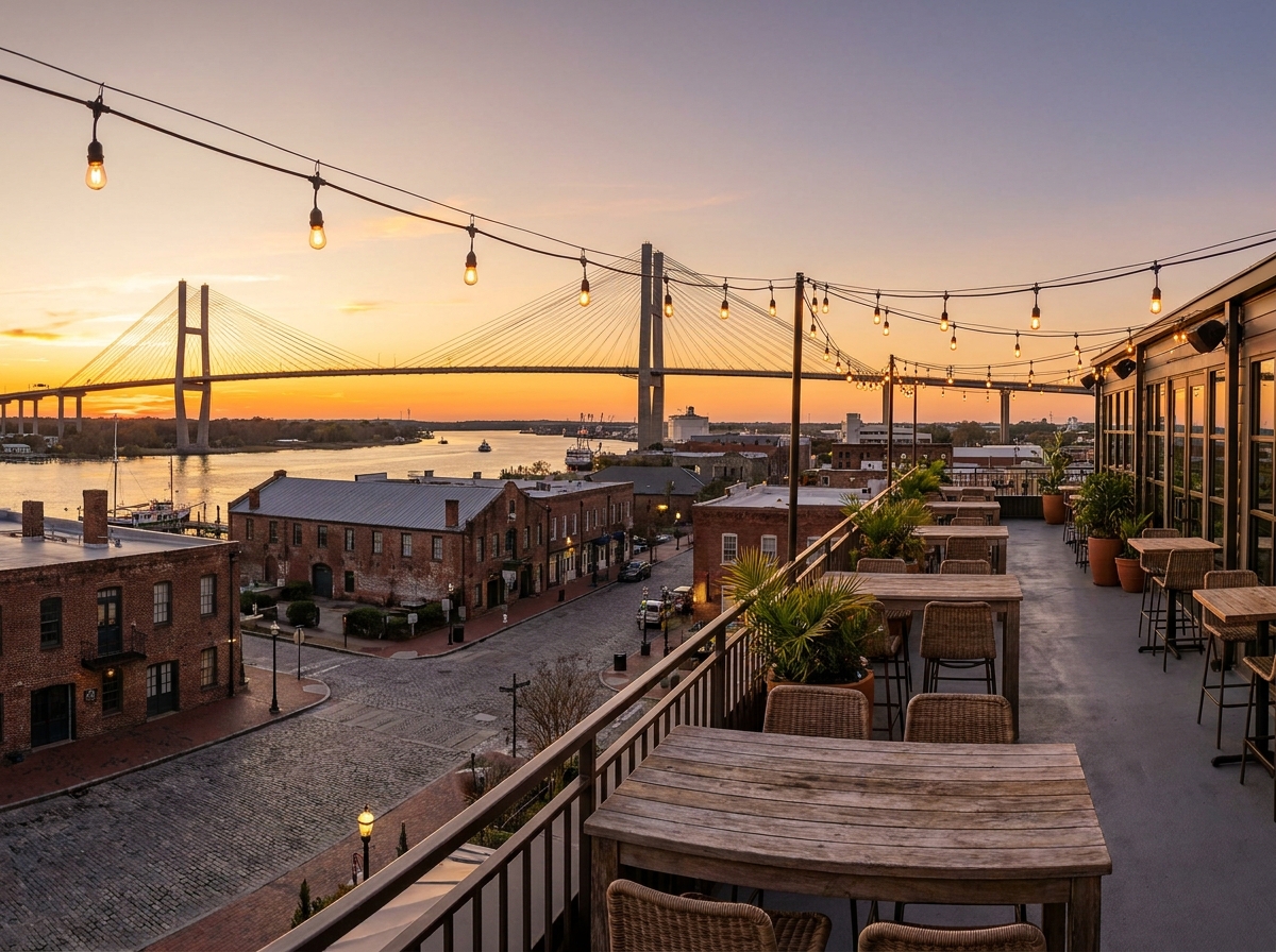 A rooftop event space in Savannah prepared for an evening gathering.