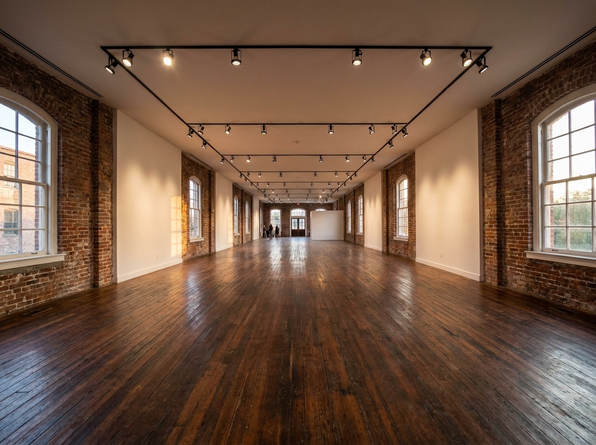 An art gallery event space in Savannah prepared for an event.