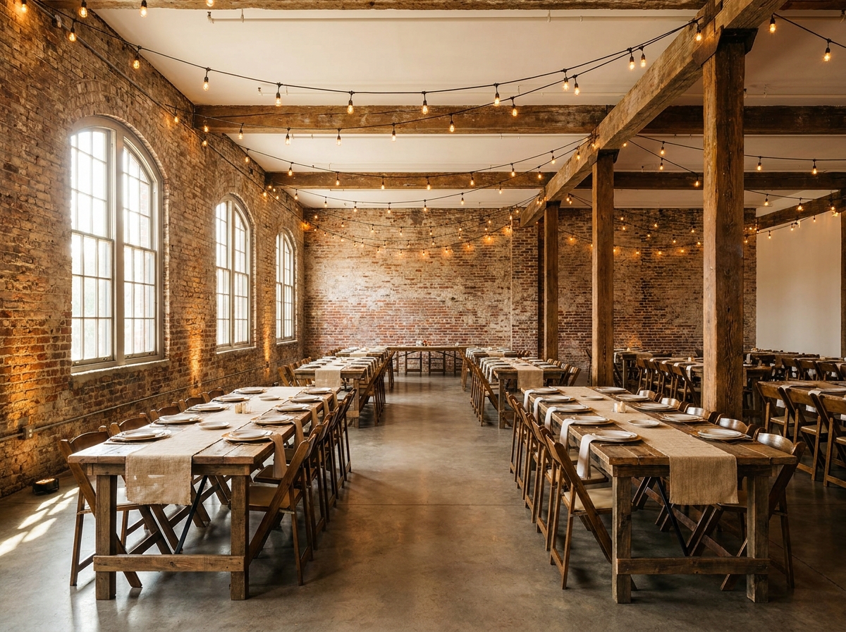 An industrial-chic event space in Savannah set up for a gathering.