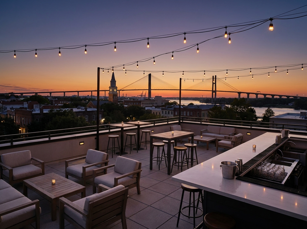 A rooftop venue prepared for a business networking event in Savannah.