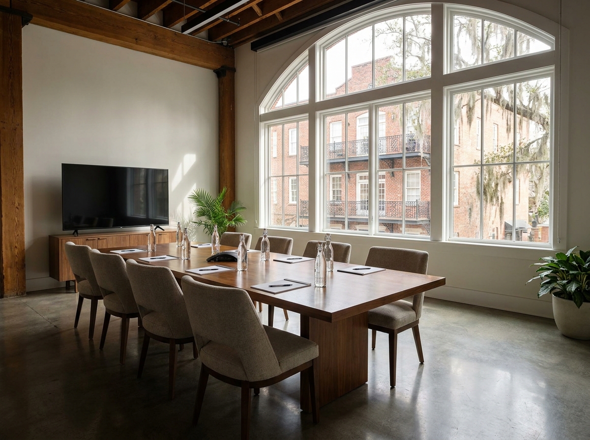 A meeting room ready for a professional event in Savannah.