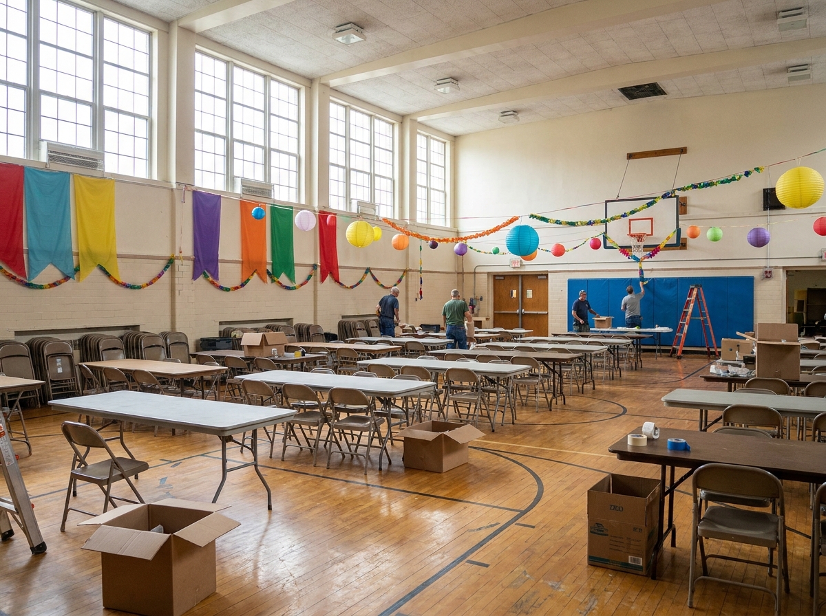 The interior of a school gym being prepared for a school carnival.