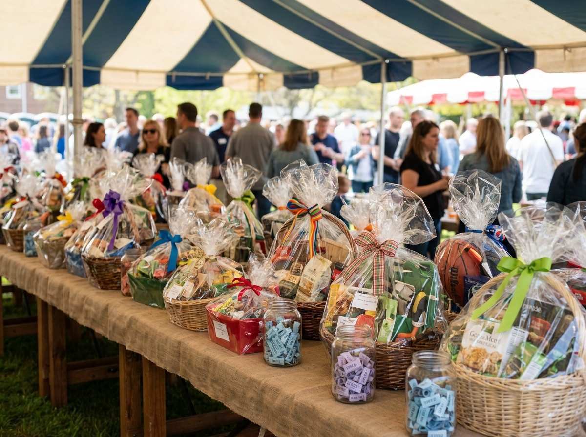 Raffle prizes and baskets on a table at a school fundraiser carnival.