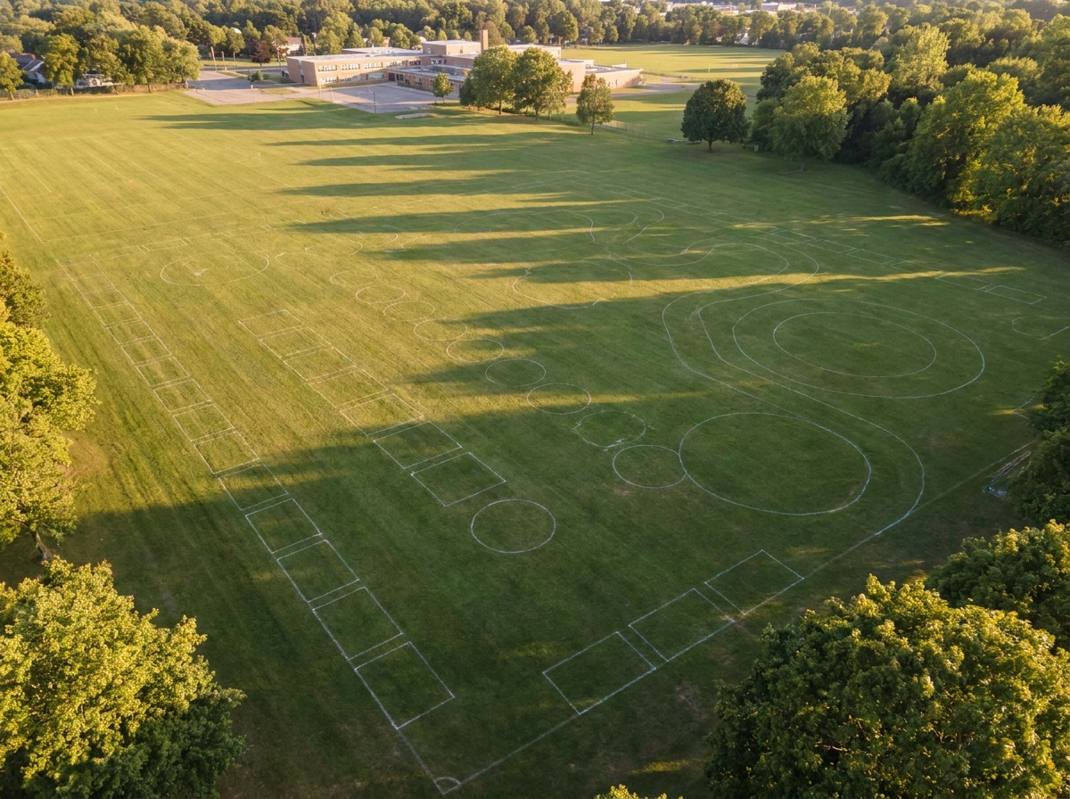 An empty school field being prepped for a large school fair.