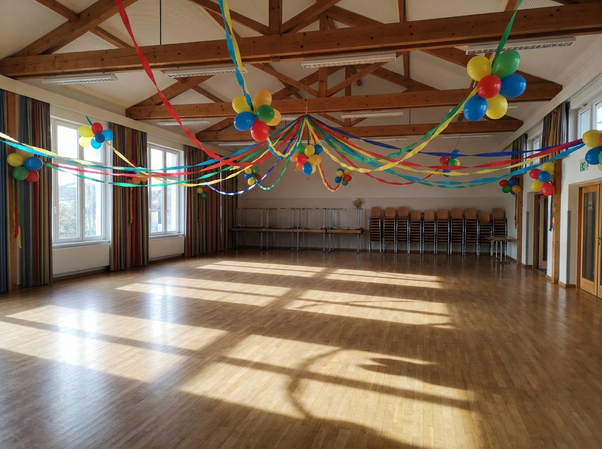 An elegant ballroom decorated and set up for a school prom.