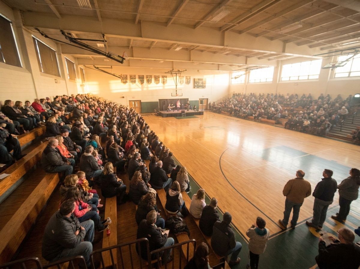 A large audience of families watching a student performance in a school gymnasium.