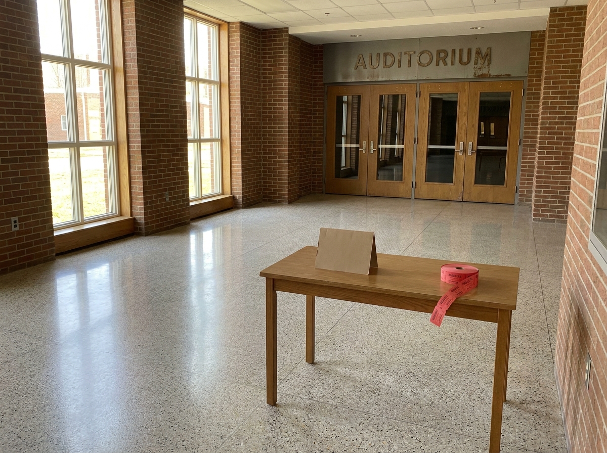An admissions table set up in a school lobby before a recital.