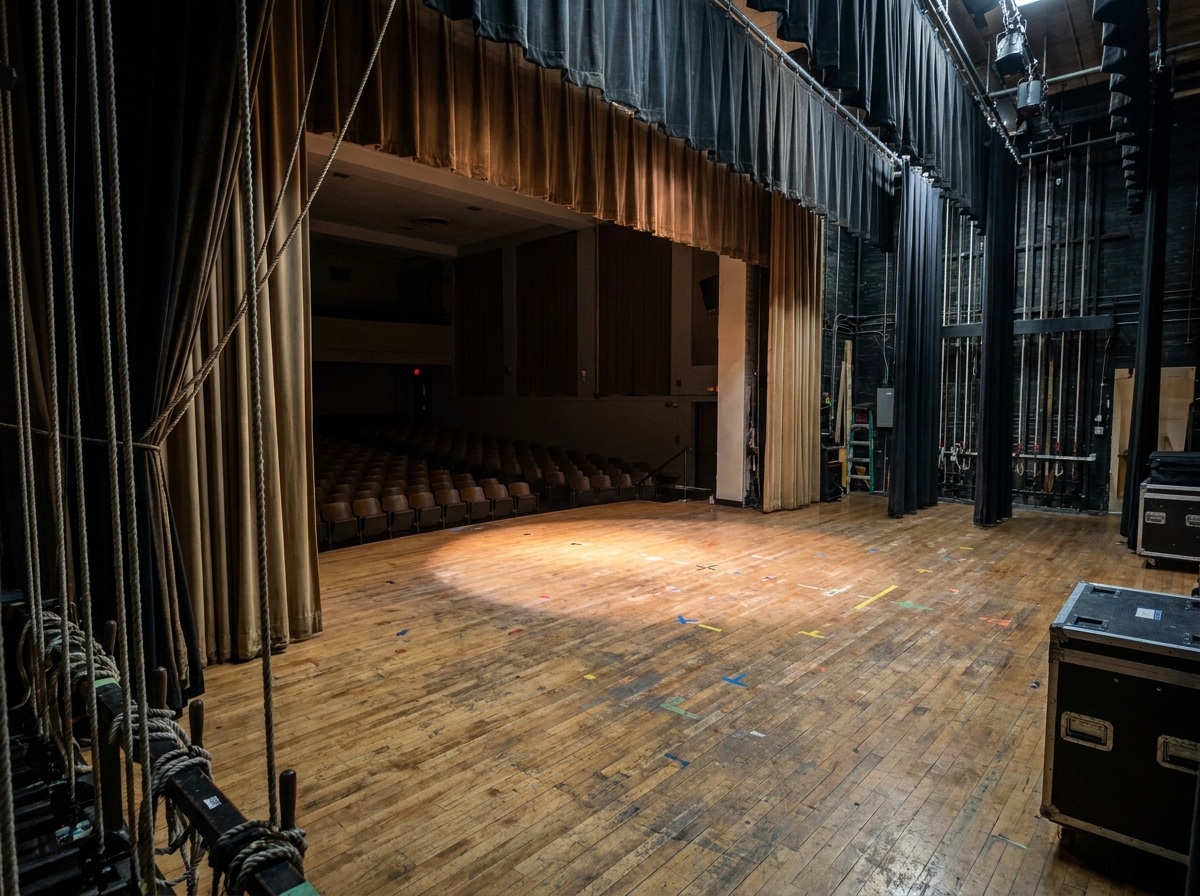 A view from the stage of an empty school auditorium, prepared for a play.