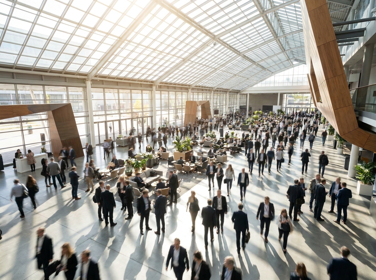 Professionals networking at a large science and technology conference.