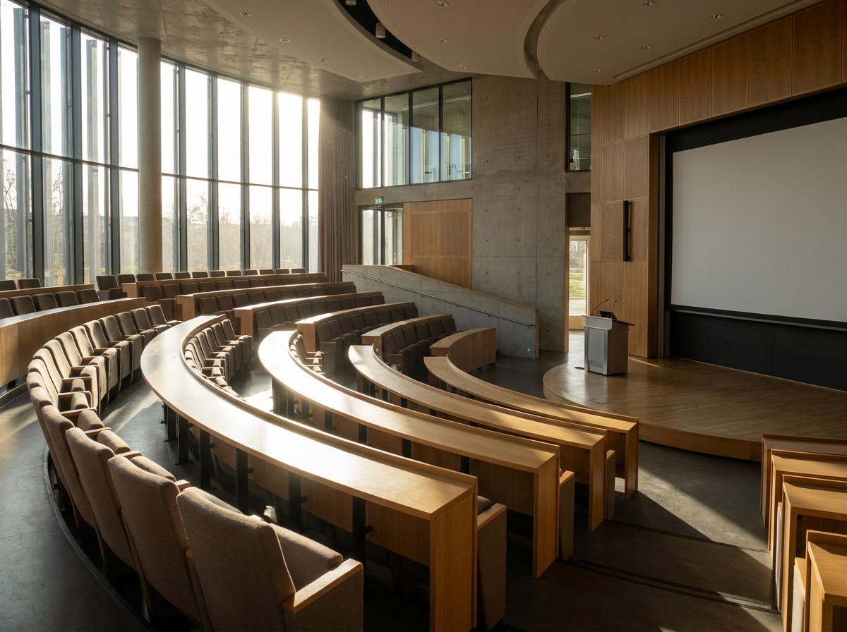 An empty auditorium awaiting attendees for a science & tech event.