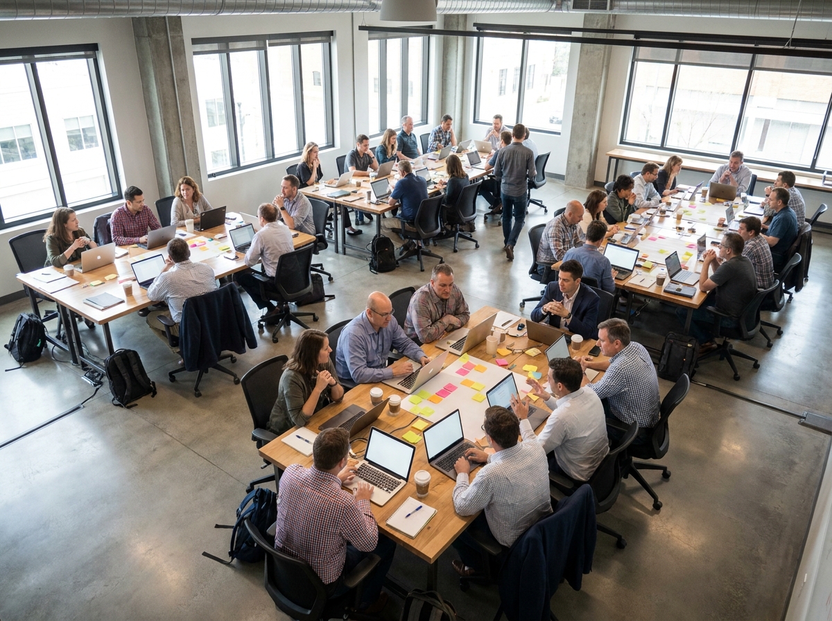 Attendees collaborating during a hands-on science and technology workshop.