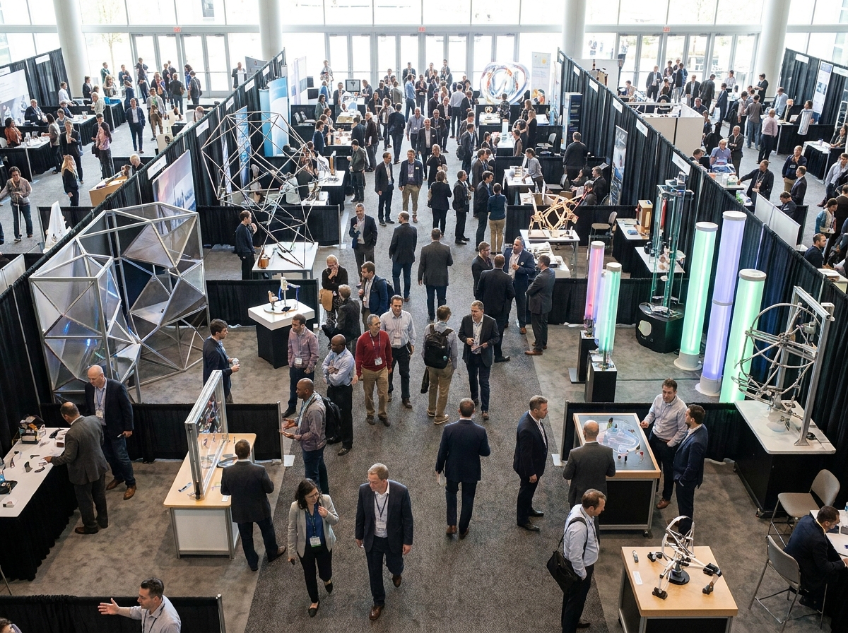 Crowds exploring various exhibits at a large science and technology expo.