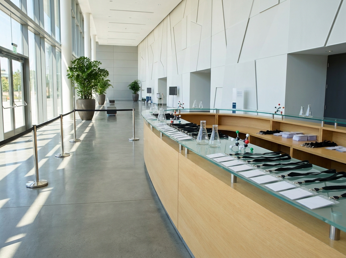 An empty registration area set up for a professional science conference.