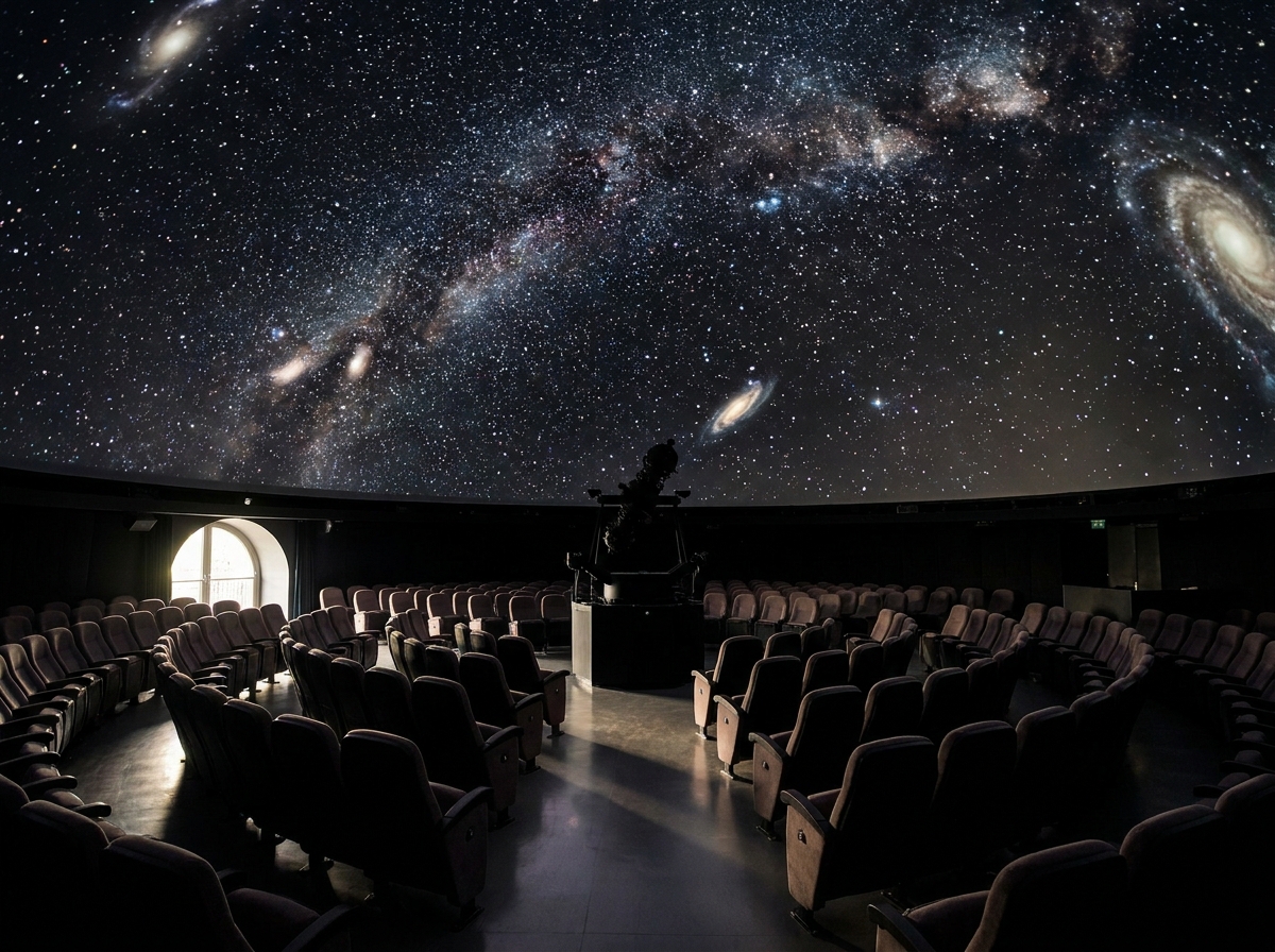 The interior of a planetarium dome displaying a starfield projection before a science event.