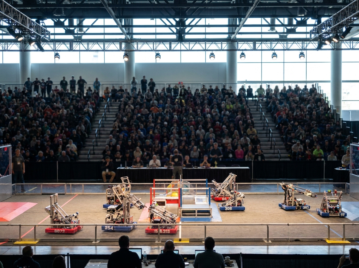Robots in an arena during a robotics competition, with a large crowd watching.