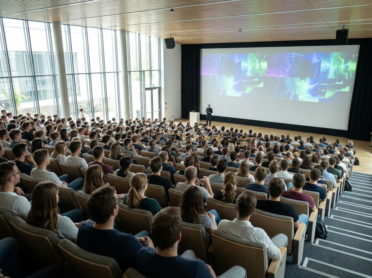 An audience listens to a speaker at a STEM event in a large auditorium.