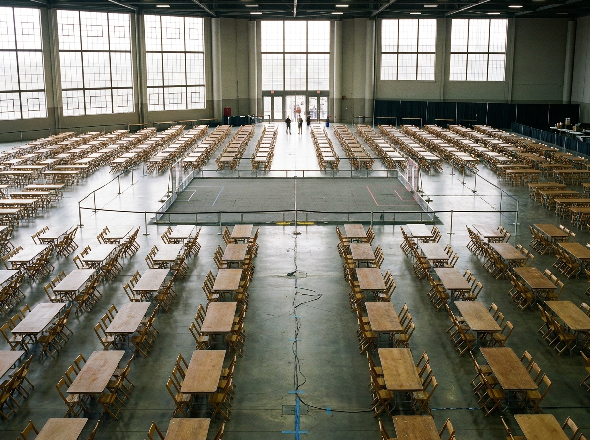 An empty arena set up with tables for an upcoming robotics competition.