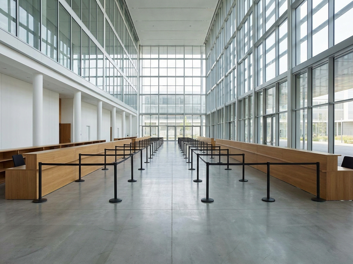 The empty, organized check-in area for a science exhibition.