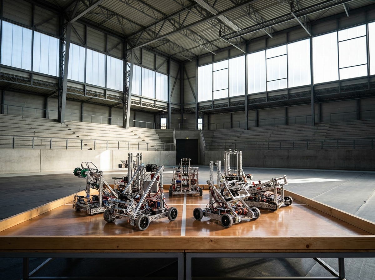 Student-built robots ready for a robotics competition on a display table.