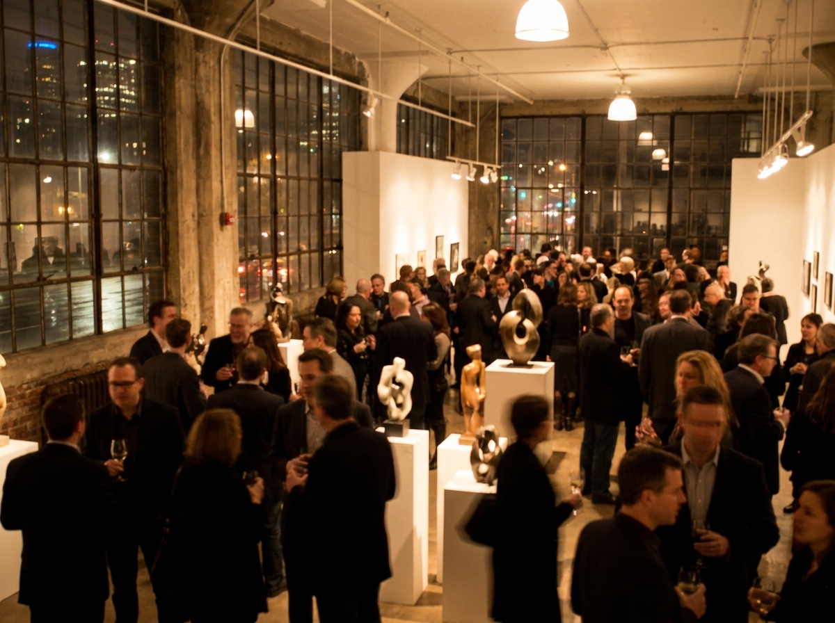 A crowd of people mingling at a sculpture event opening night.