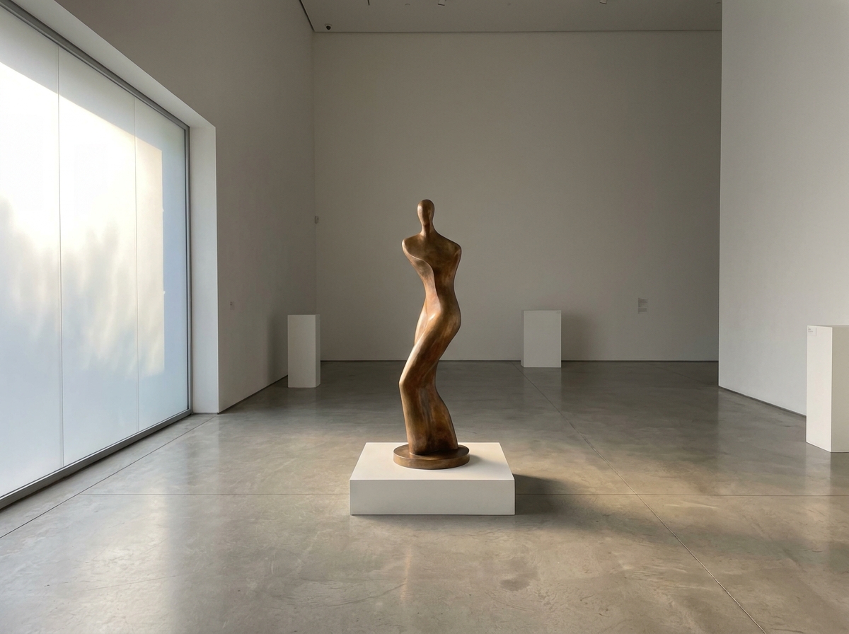 A bronze sculpture on a pedestal in a quiet art gallery.