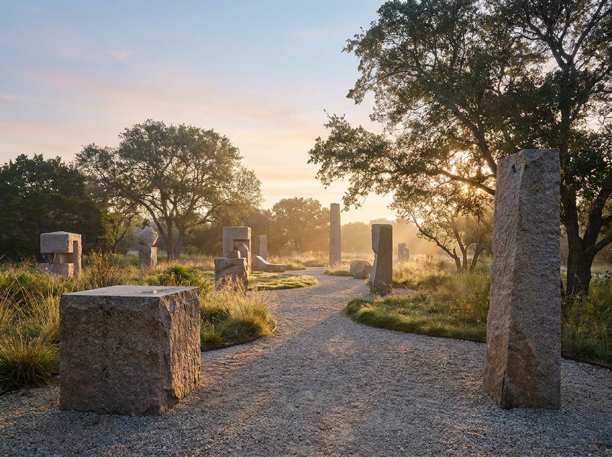 An outdoor sculpture garden with large stone installations at sunrise.