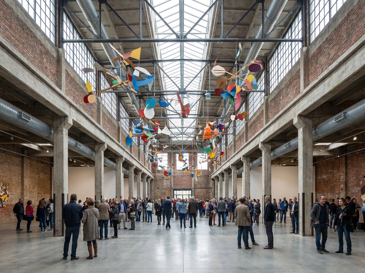 A view of a large gallery space with colorful kinetic sculptures.