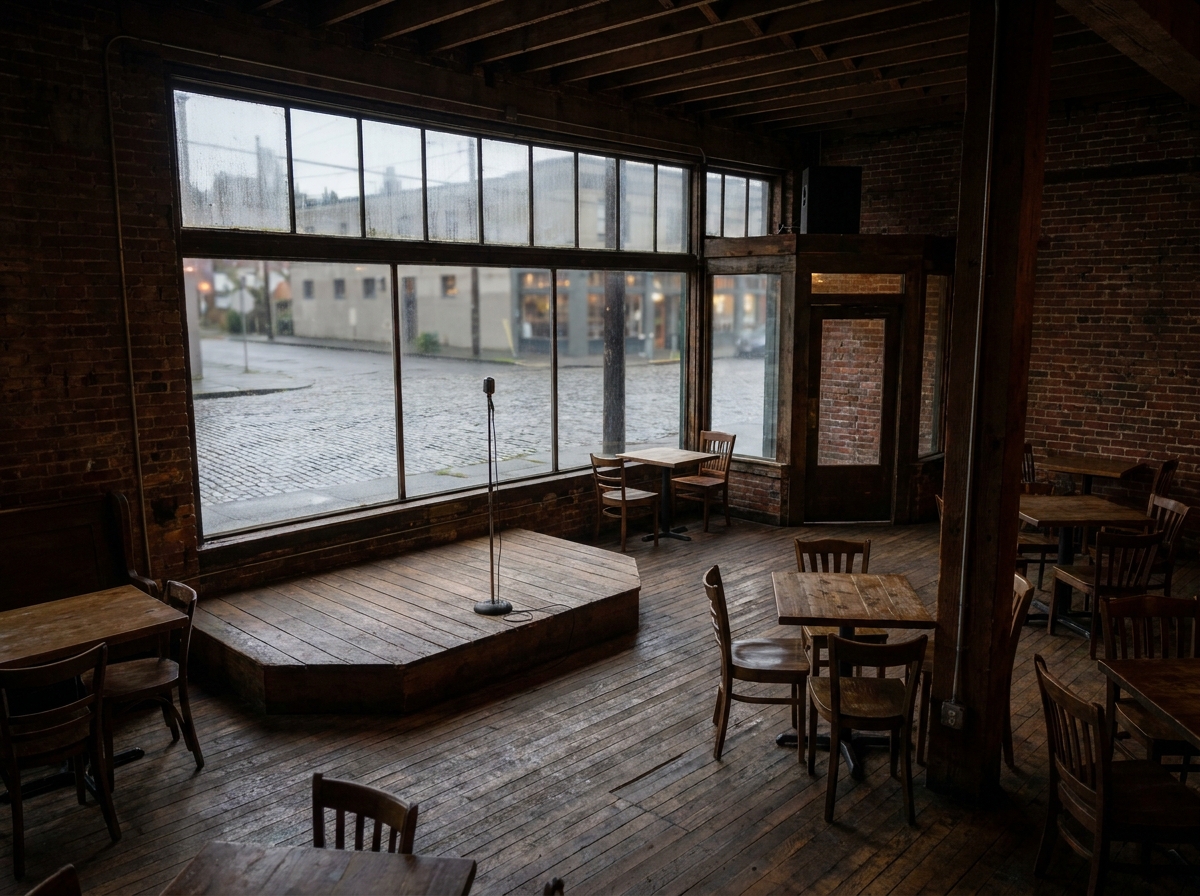 The interior of a bar in Seattle prepared for a comedy show.