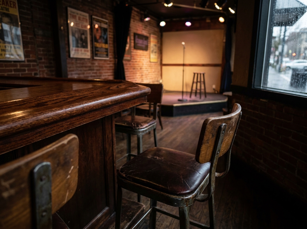 Empty bar stools at a counter in a Seattle comedy club.
