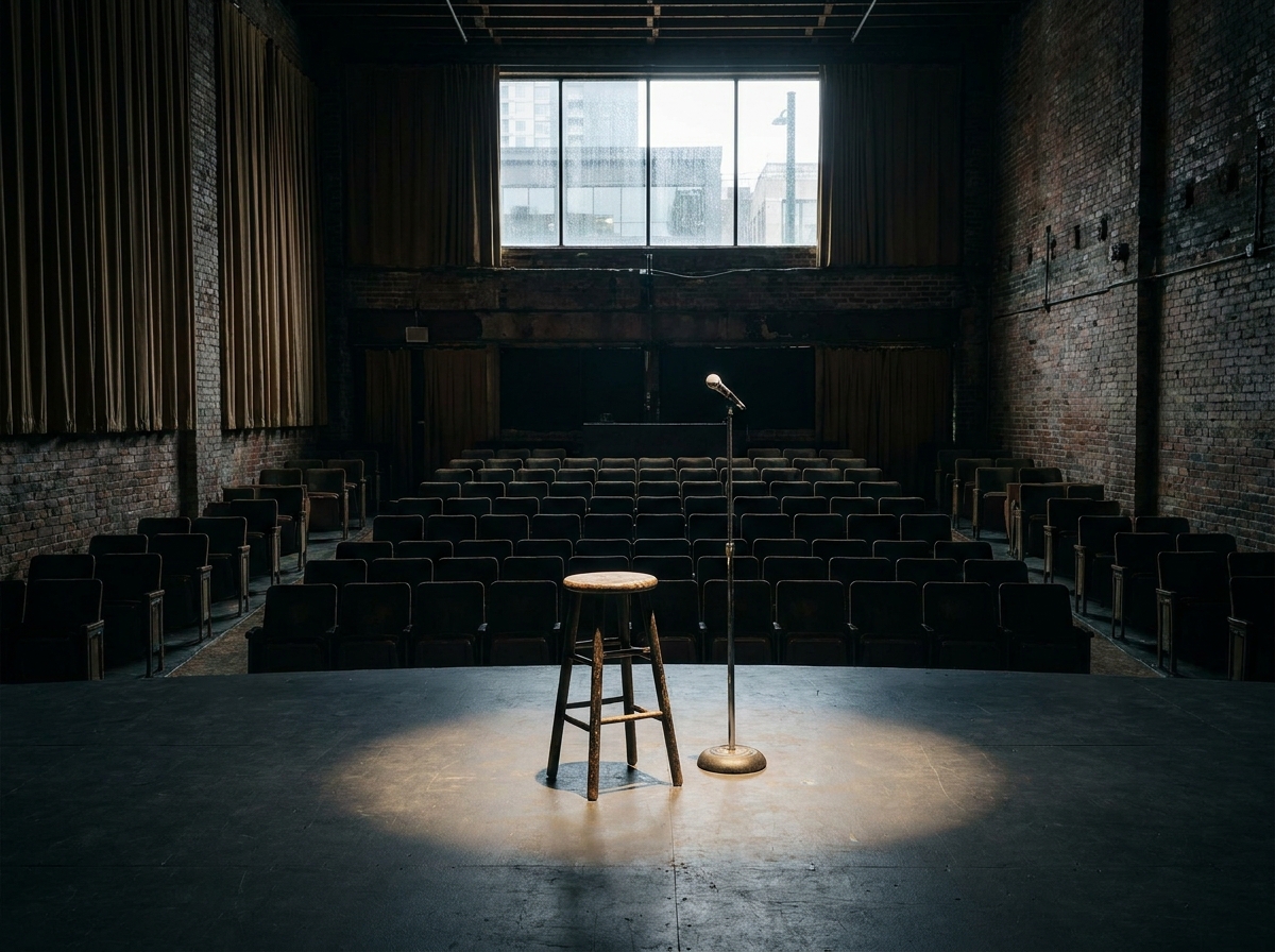 An empty stage and seating at a Seattle venue before a comedy show.