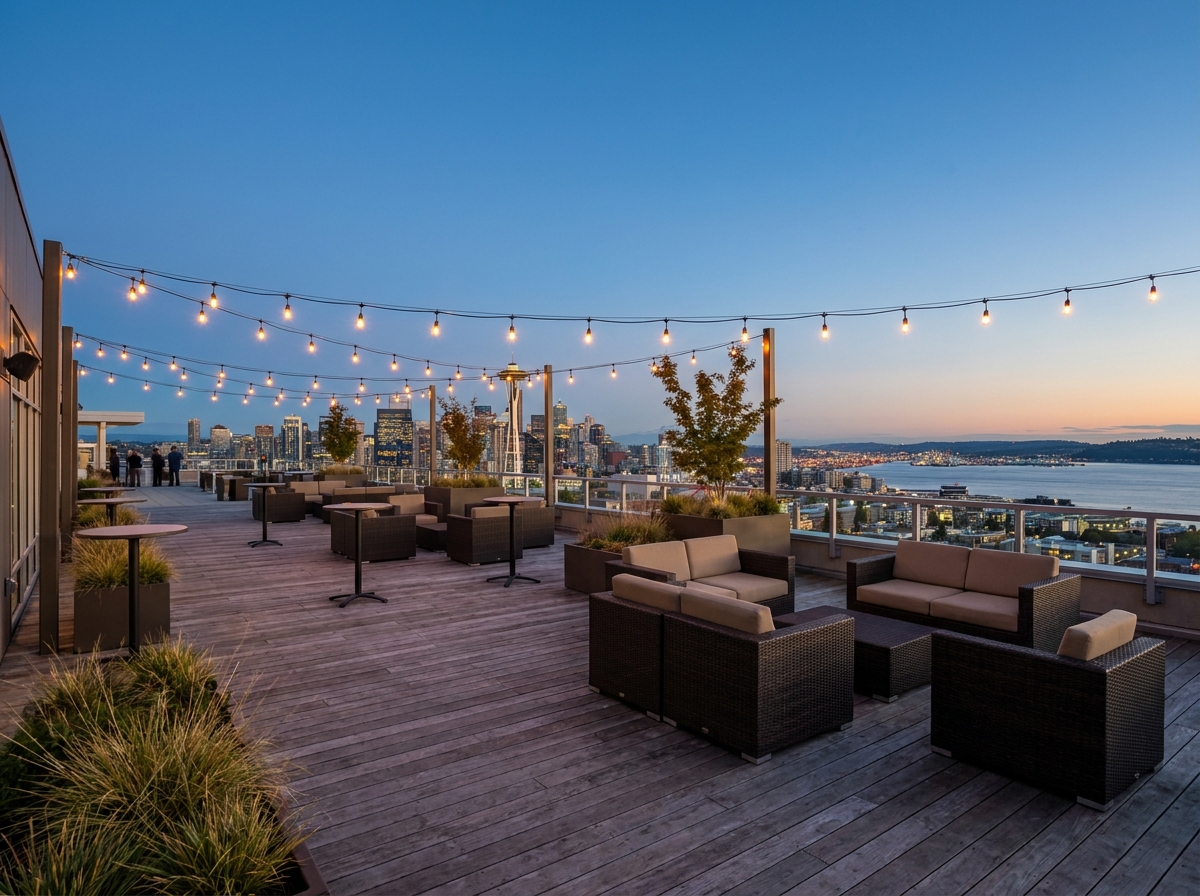 A rooftop event space in Seattle set up for an evening event.