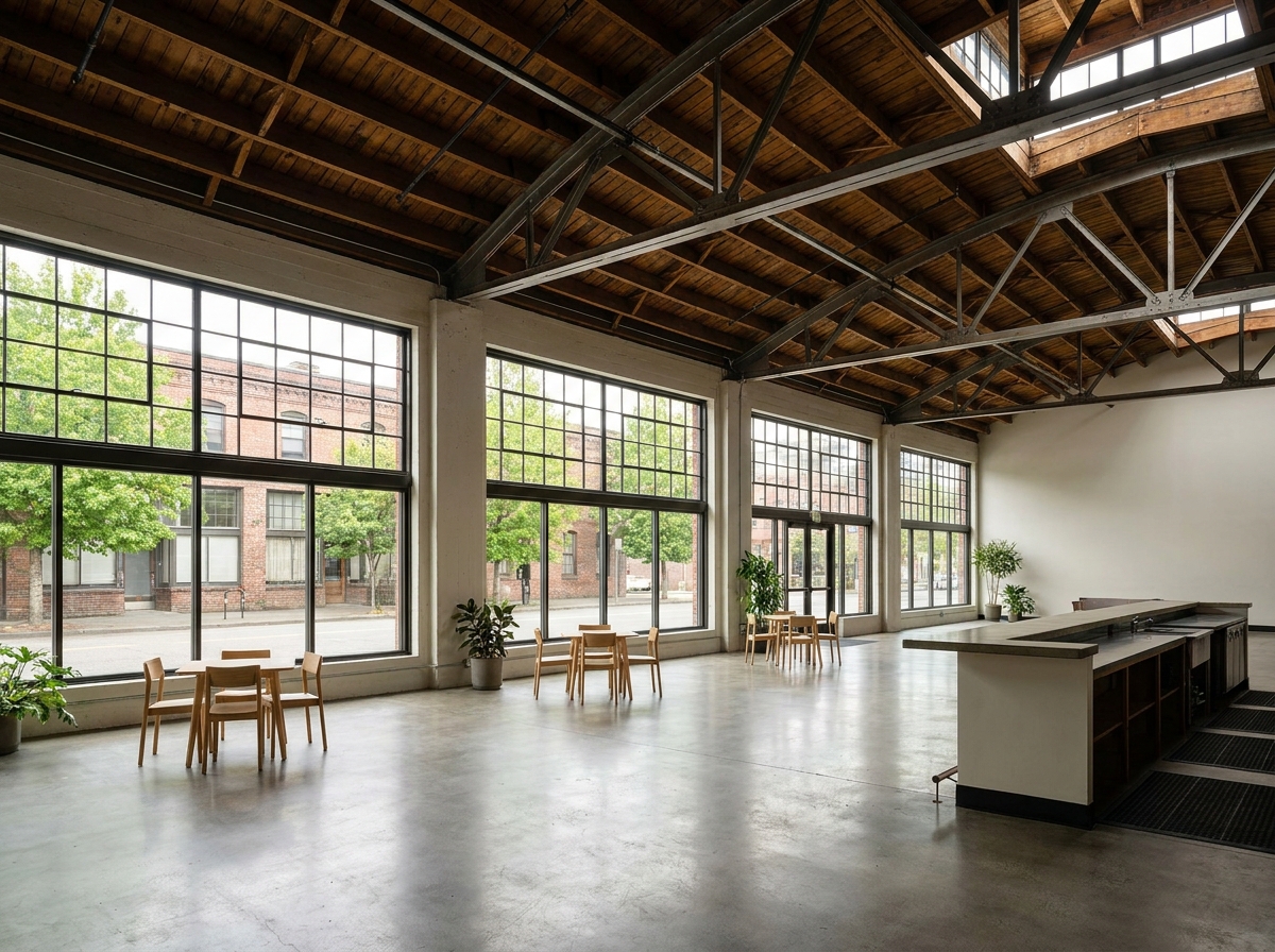 An empty event space inside a modern Seattle brewery, ready for guests.