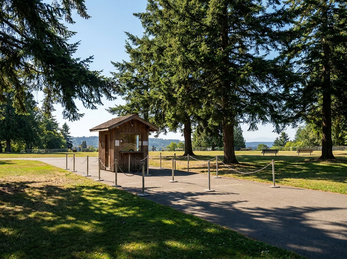 The entrance to an outdoor event in a Seattle park, set up for ticketing.