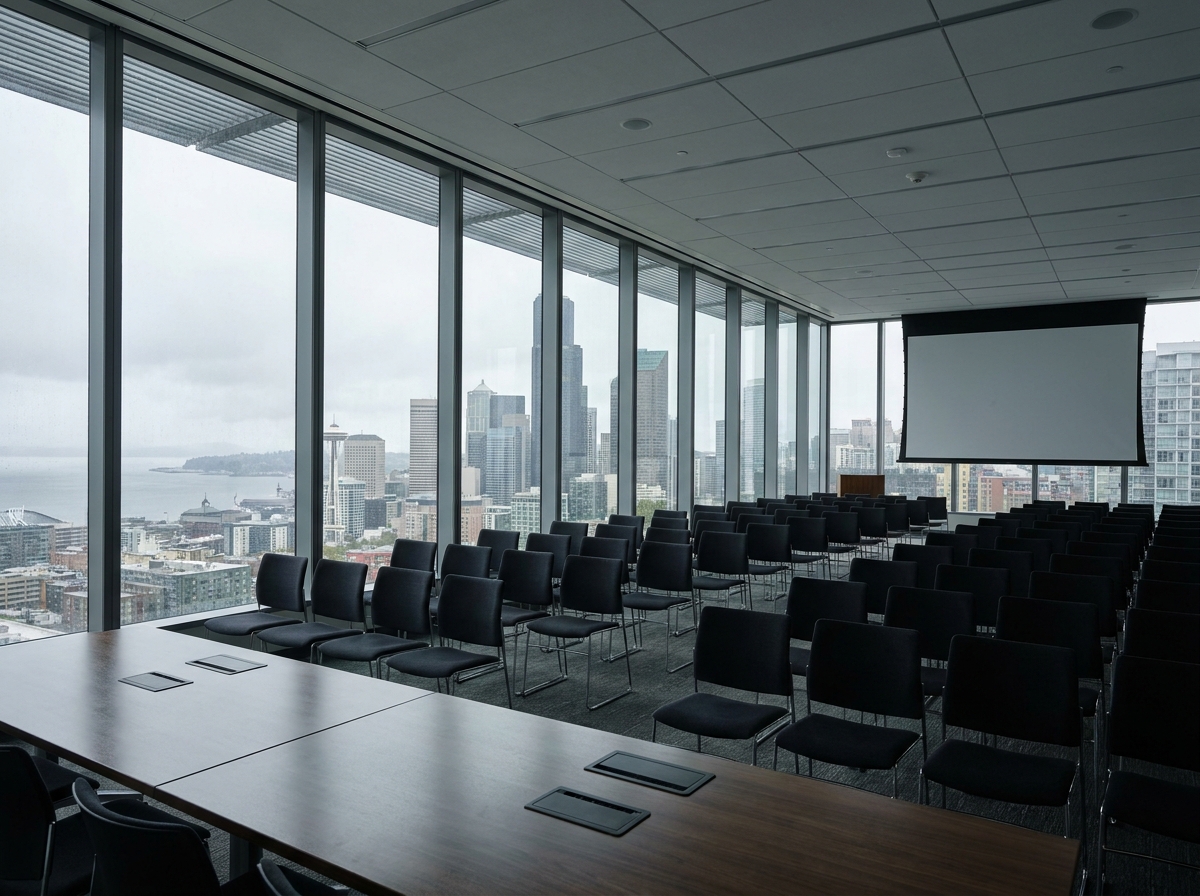 An empty conference room in Seattle prepared for a corporate event.