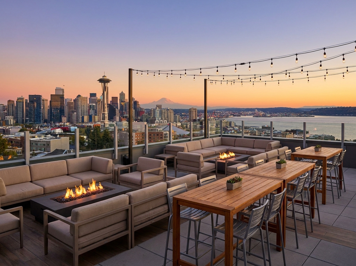Rooftop lounge in Seattle set for a networking mixer.
