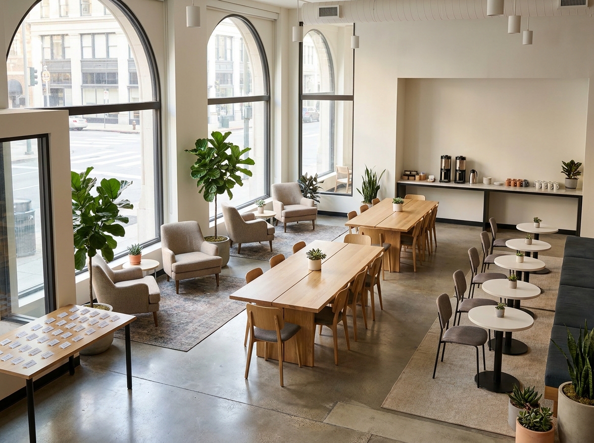Chic co-working space prepared for a professional event.