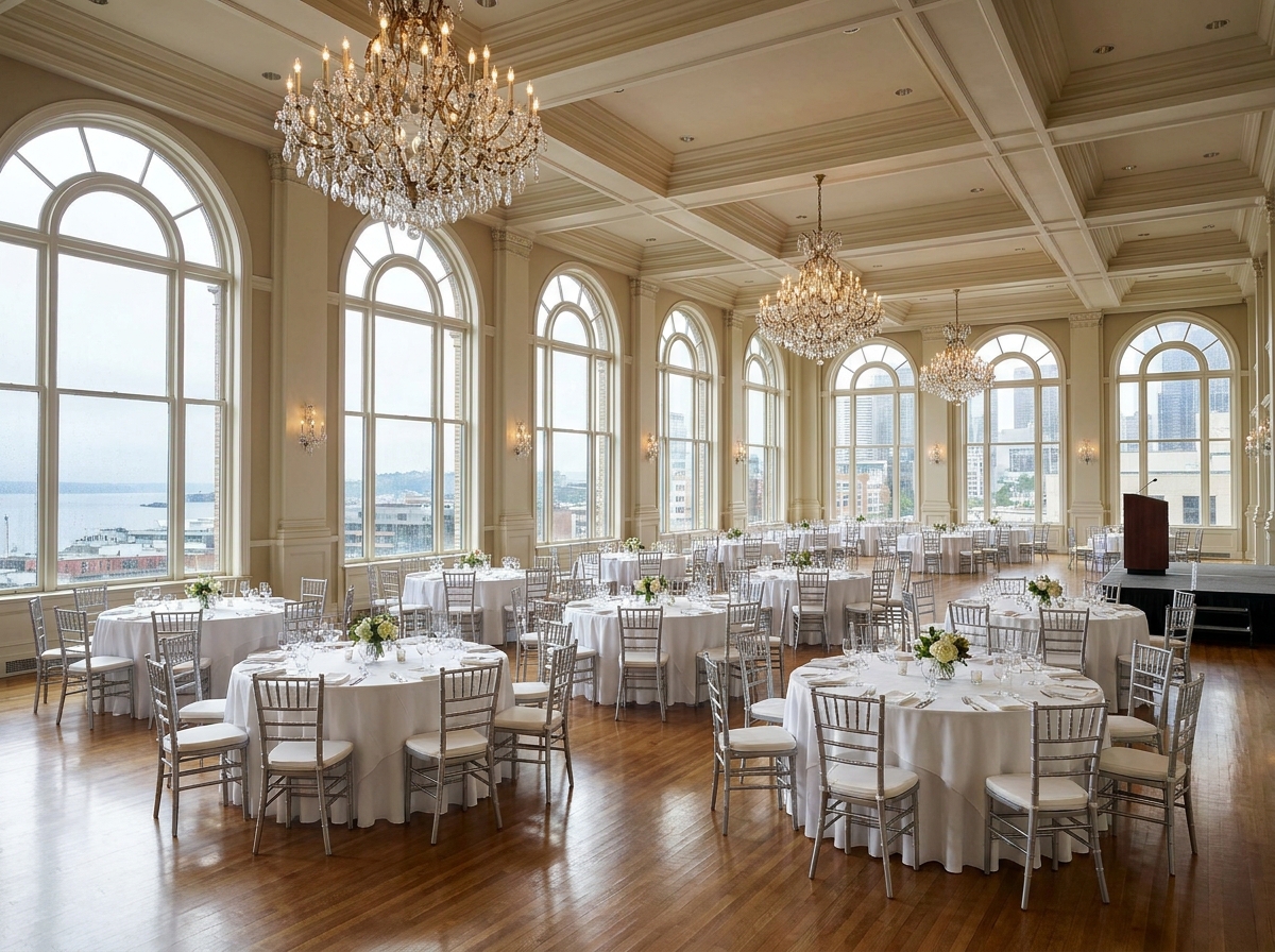 Hotel ballroom in Seattle set for a professional networking gala.
