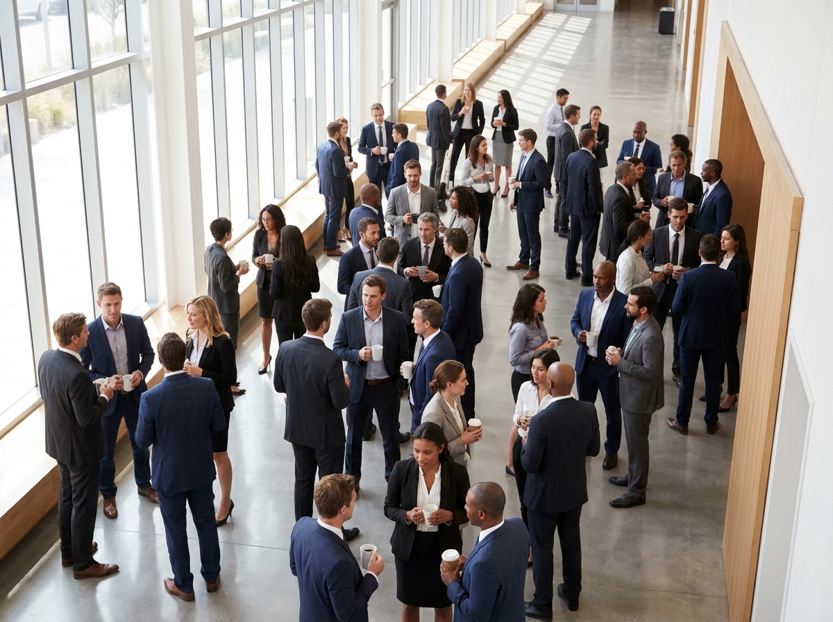 Professionals networking during a break at a business seminar.