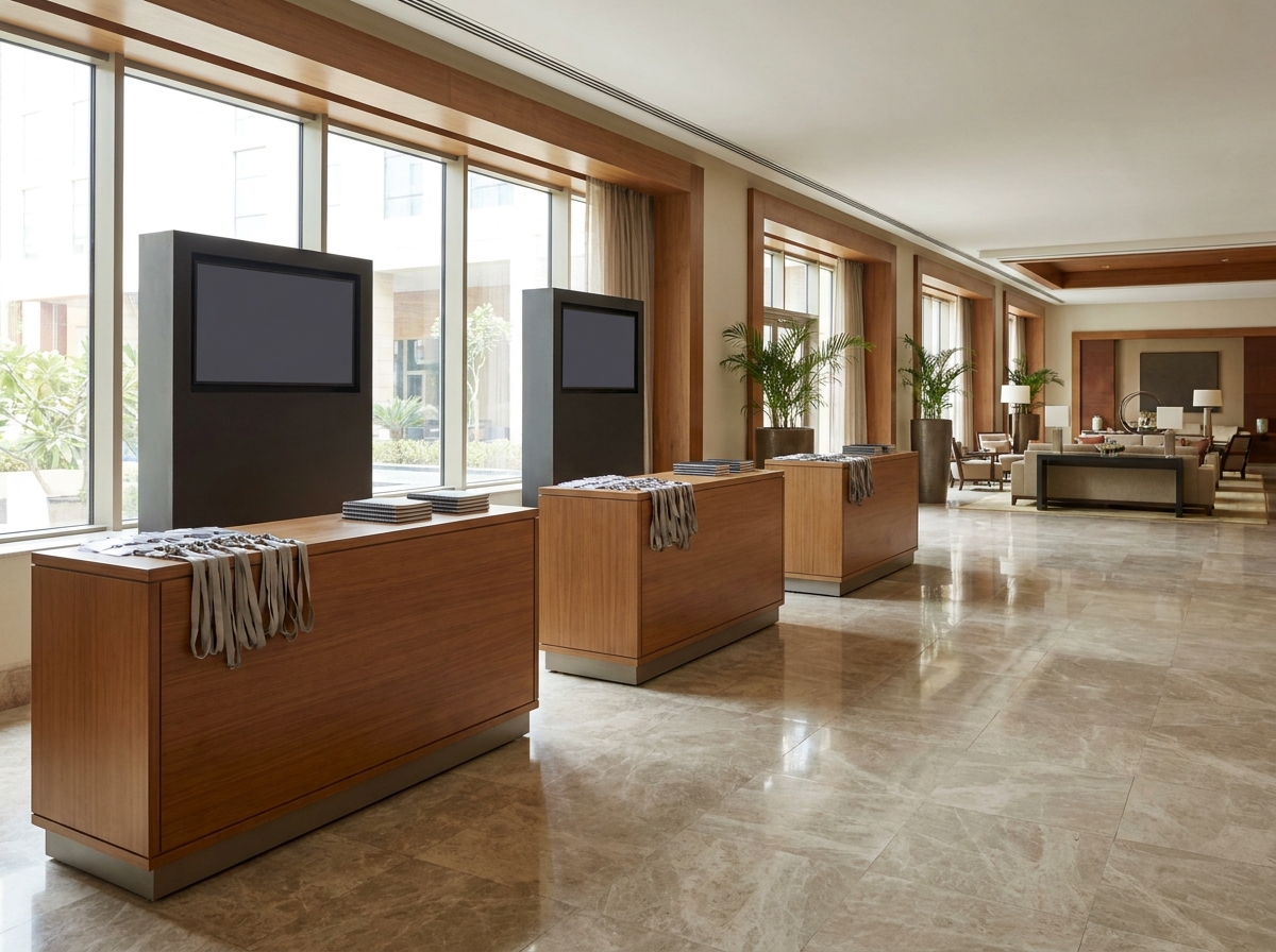 A professional and organized check-in area for a corporate seminar.