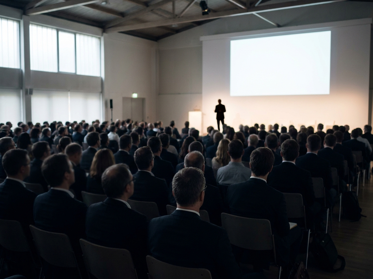 A speaker presenting on stage at an executive seminar, viewed from the audience.