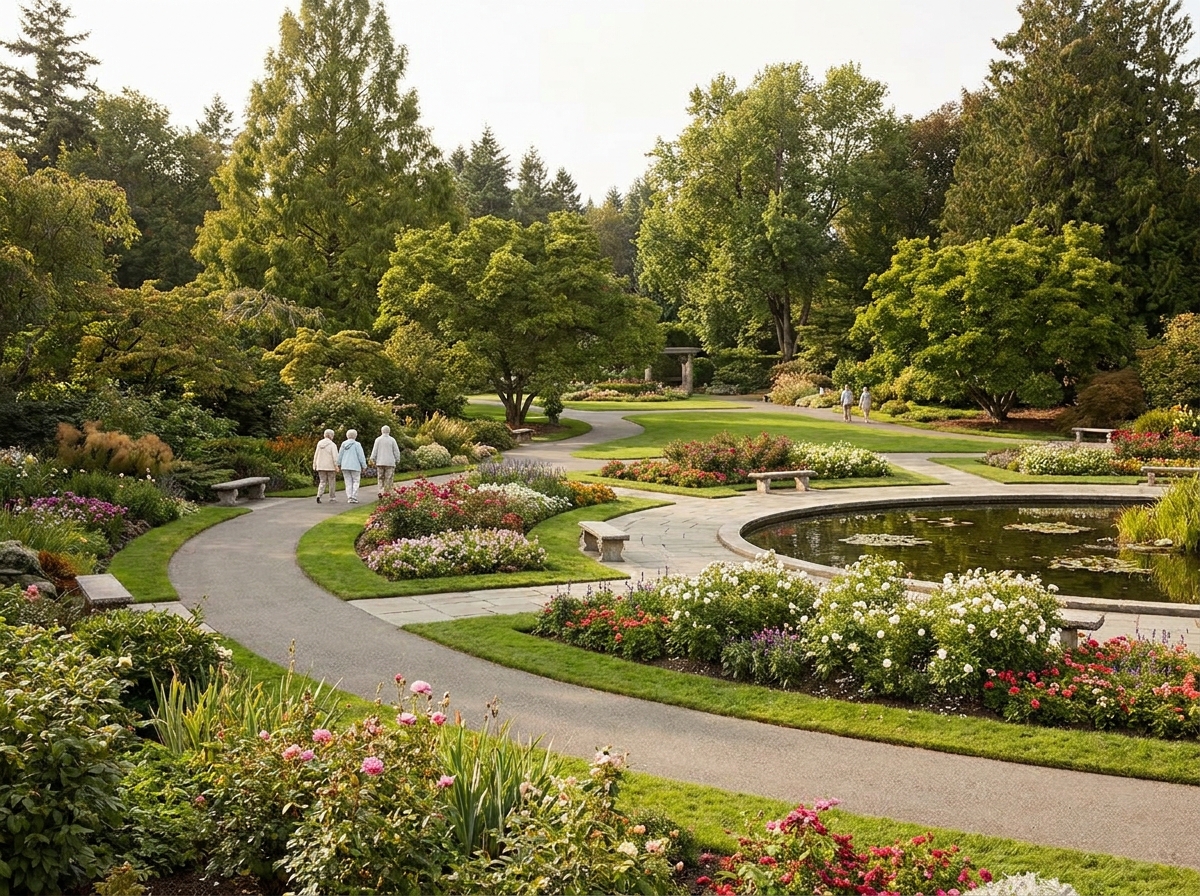 A peaceful garden scene, representing a serene setting for a senior citizen event.