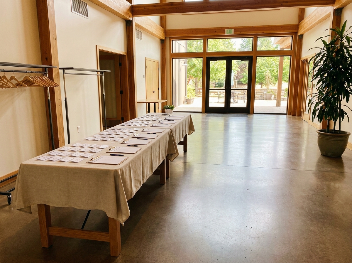 A prepared check-in table at the entrance of a venue for a senior citizen event.