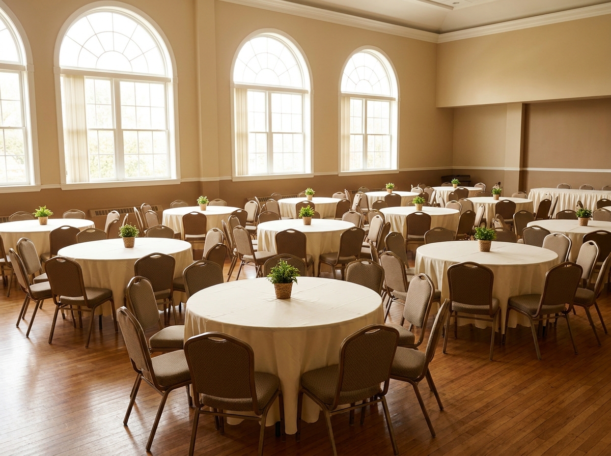 A room neatly prepared with tables and chairs for a senior citizen luncheon event.