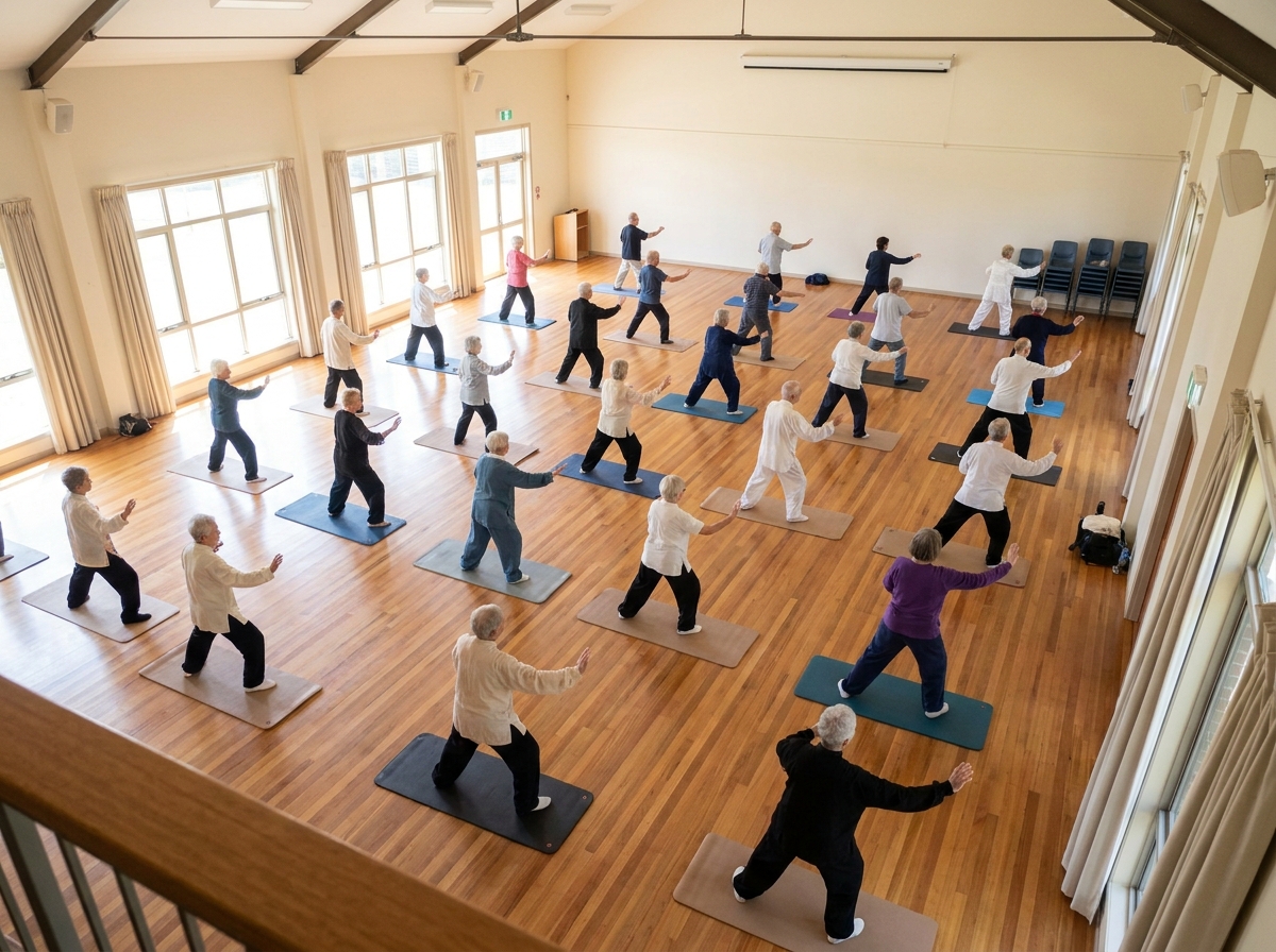 An organized and peaceful senior fitness class taking place in a large hall.