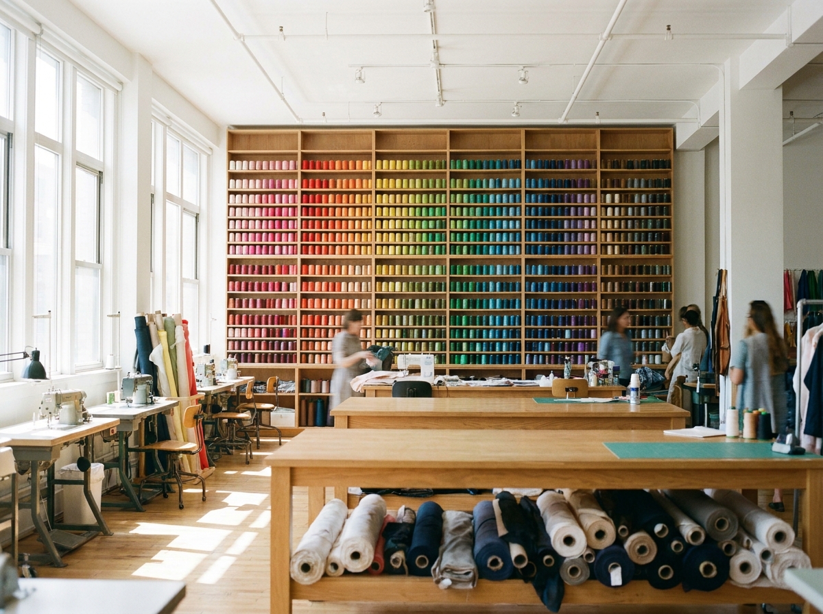 A colorful wall of thread spools in a studio, symbolizing creative potential for a sewing workshop.