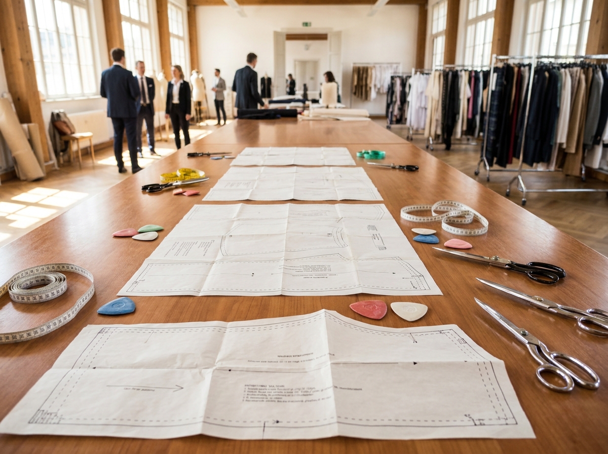 Sewing patterns and tools laid out on a table before a dressmaking class.